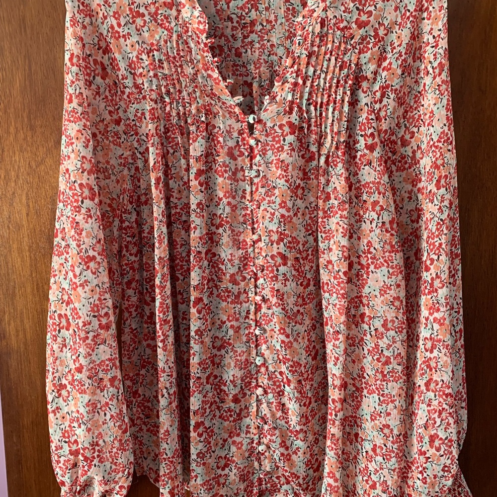 Floral Button-Up Blouse - Red and White